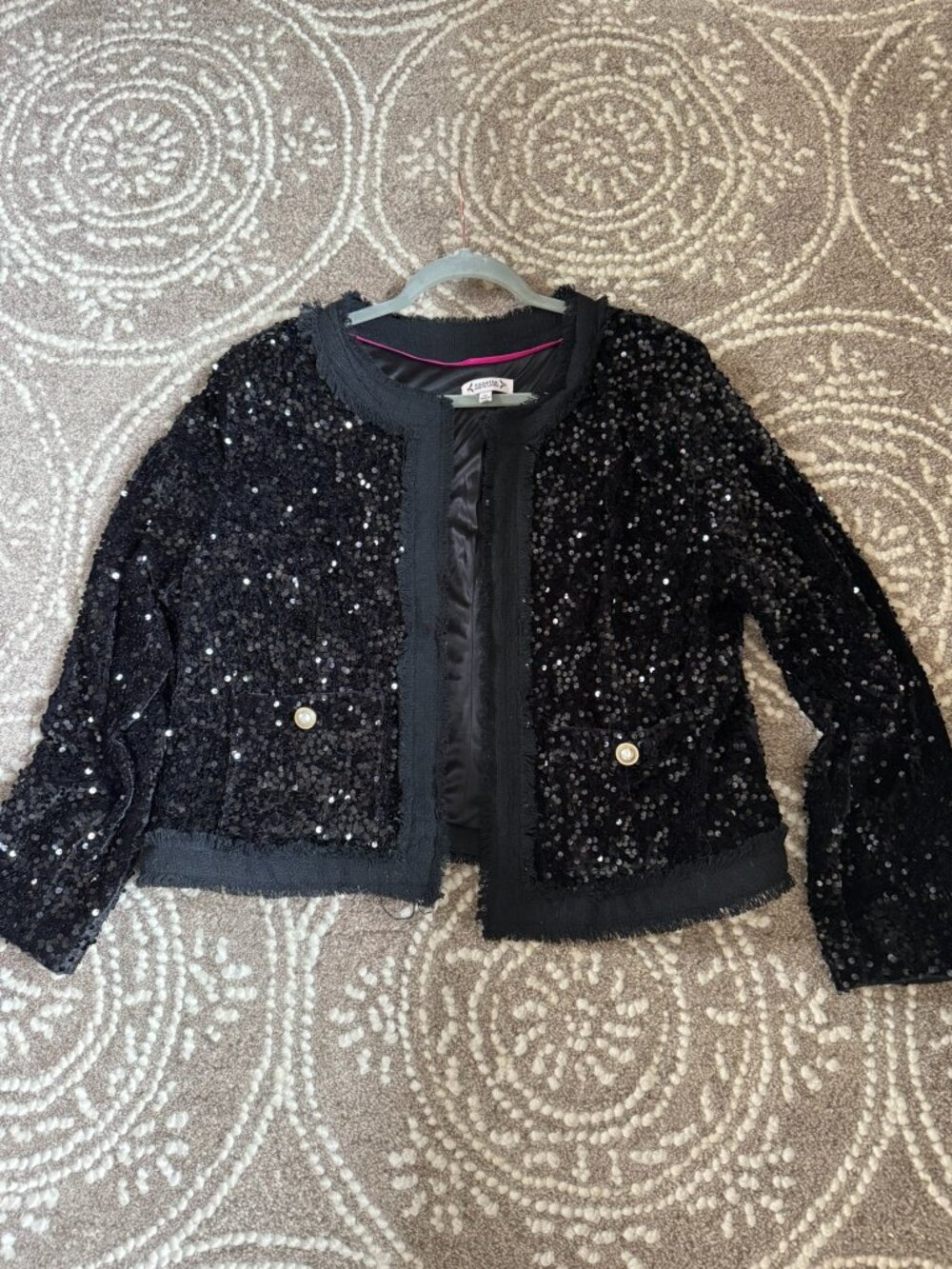 Nanette Lepore Black Sequin Fringe Cropped Jacket Faux Peral Buttons XL